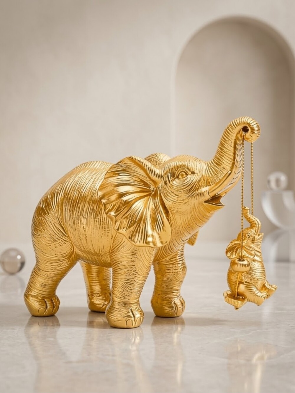 Gold Elephant Statue with Swinging Baby Figurine Home Decor